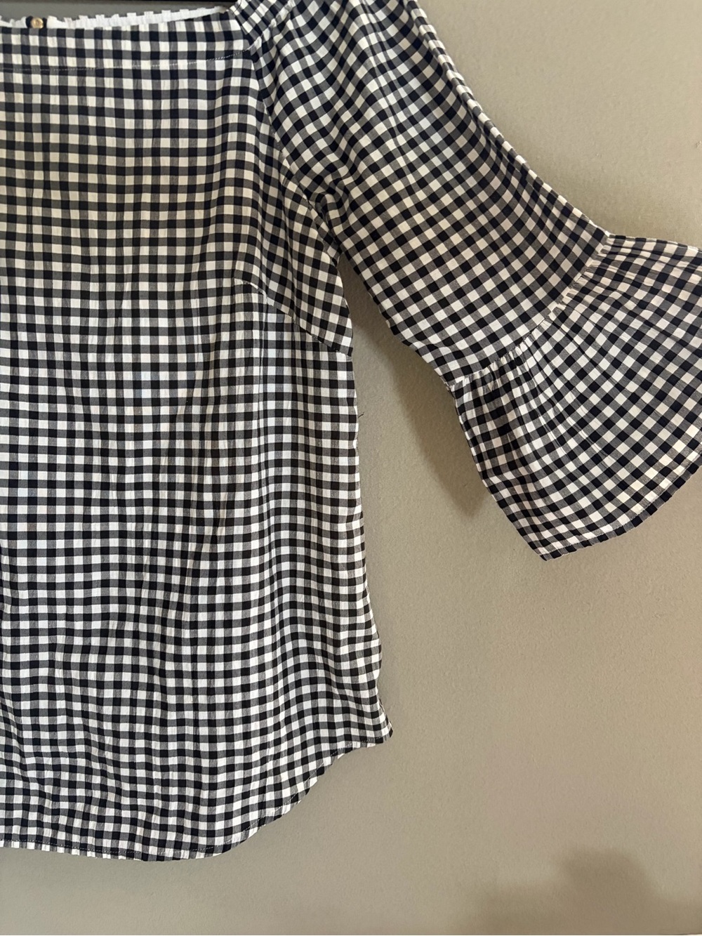 WHBM Blouse White House Black Market Gingham Square Neck Bell Sleeve Cottagecore - Picture 4 of 14